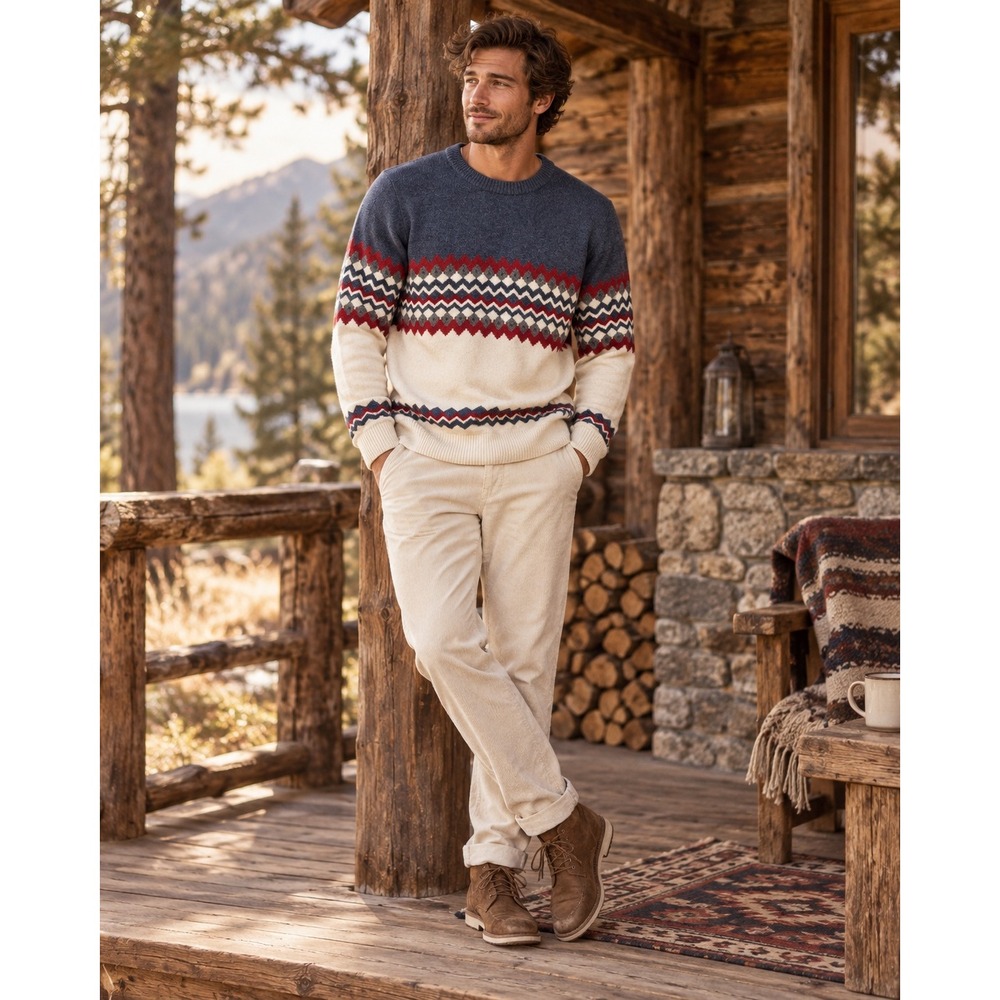 Hollister Mens Fair Isle Crewneck Sweater Blue White Red Geometric Size S